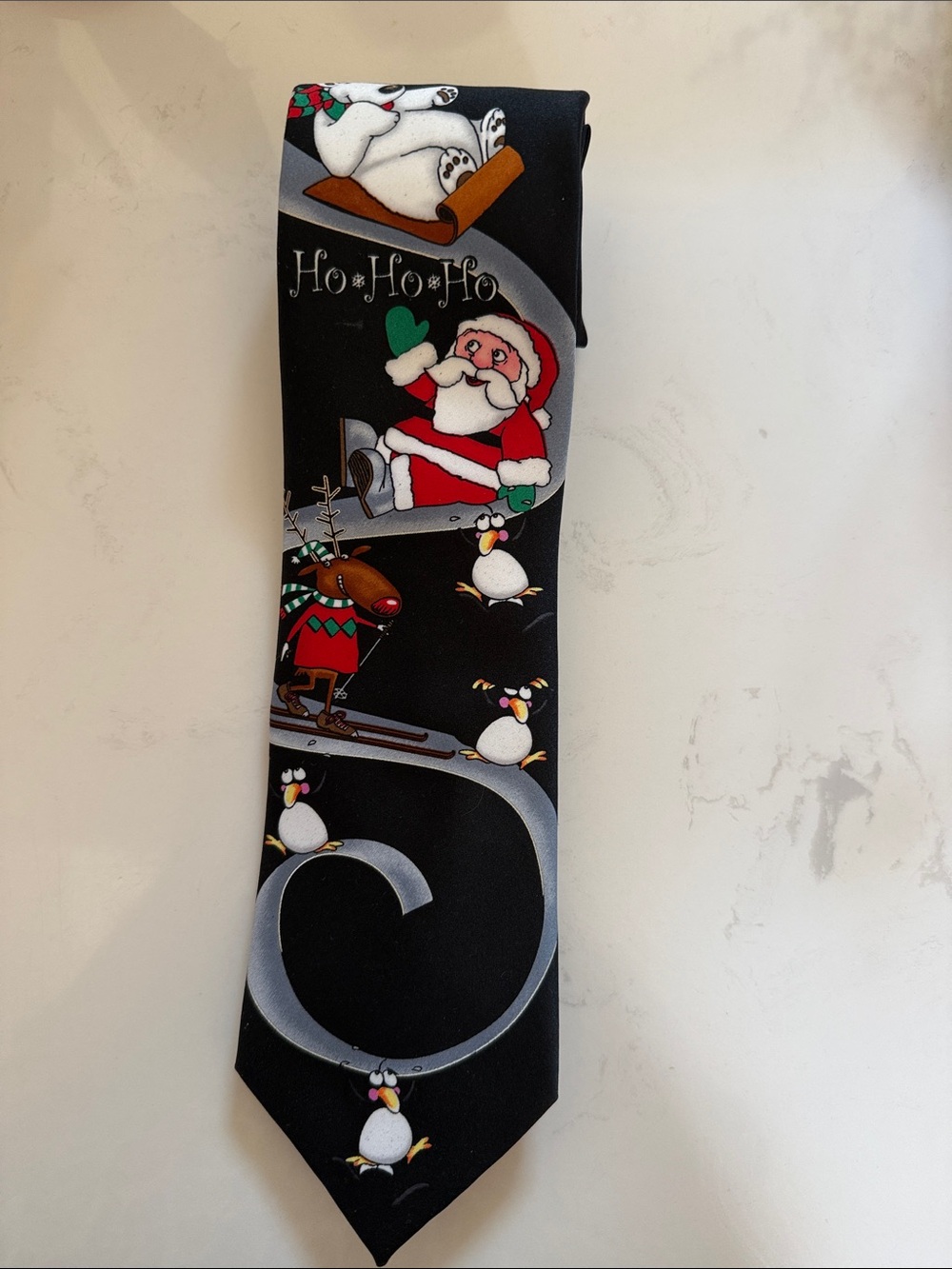 Black Santa & Penguin Holiday Tie for Men